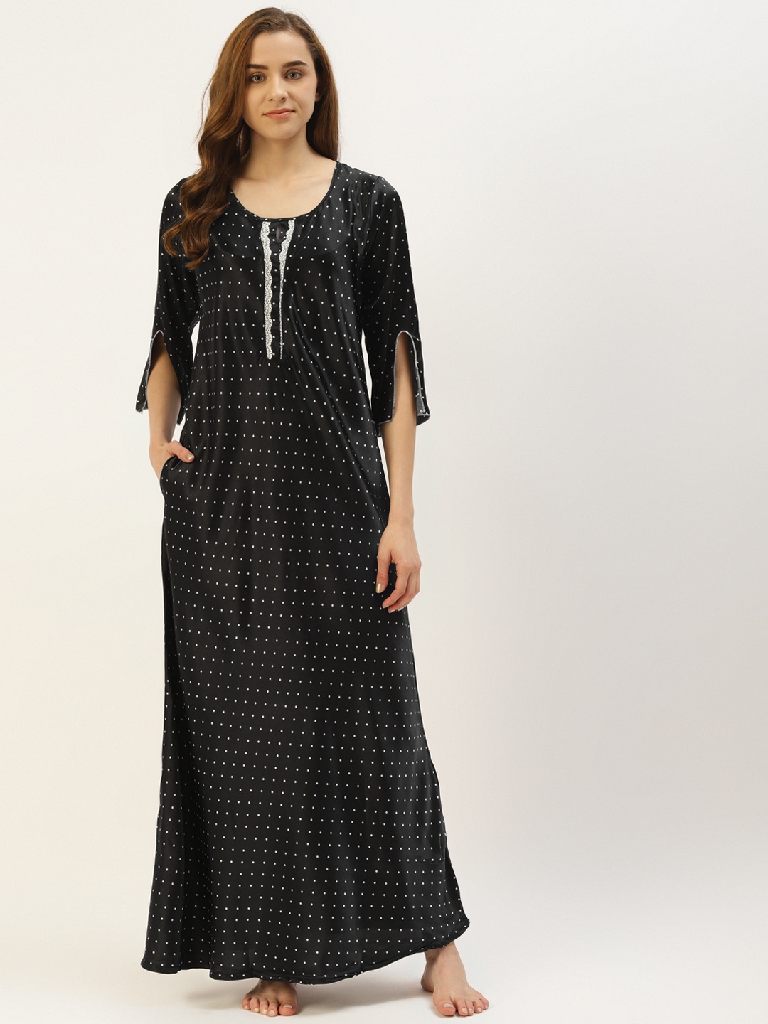 

Sweet Dreams Black Polka Dot Print Round Neck Maxi Nightdress