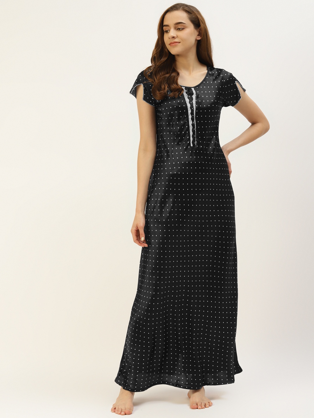 

Sweet Dreams Black Polka Dots Print Maxi Nightdress