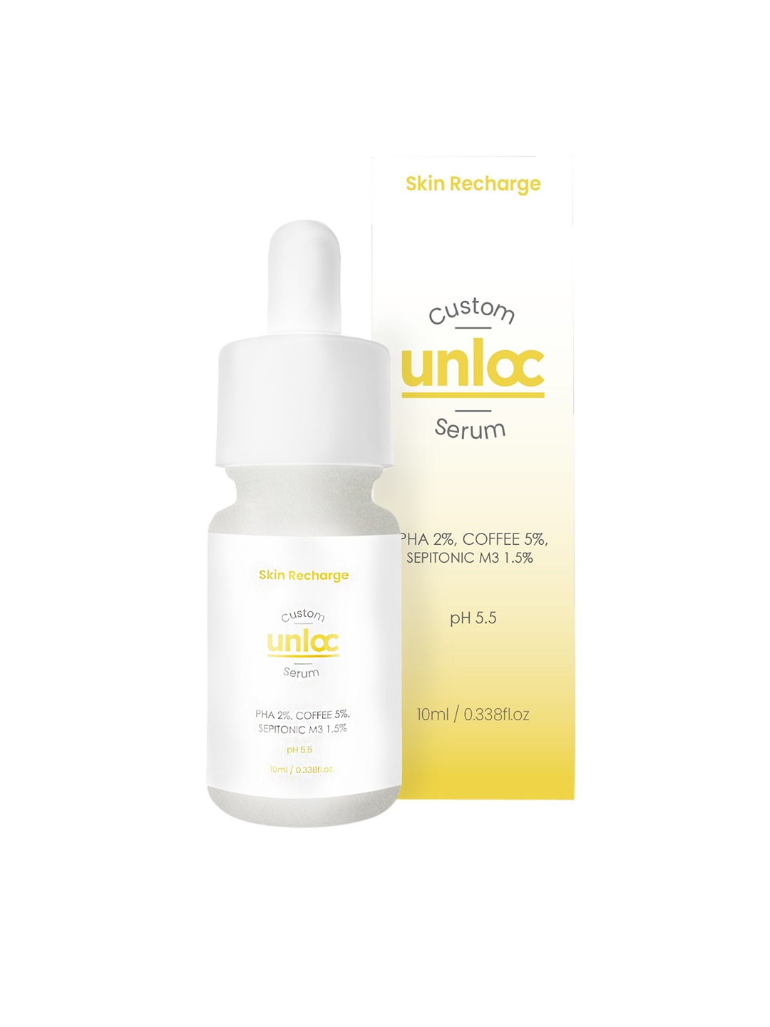 

Unloc Skin Recharge Custom Serum - 1.5% Sepitonic M3- 2% PHA & 5% Coffee - 10 ml, Yellow