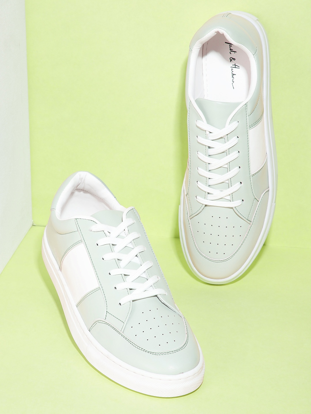 

Mast & Harbour Women Sage Green & White Perforated Sneakers with Striped Detail