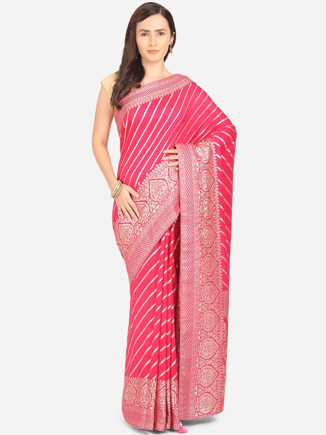 

BOMBAY SELECTIONS Pink & Gold-Toned Striped Silk Cotton Banarasi Saree