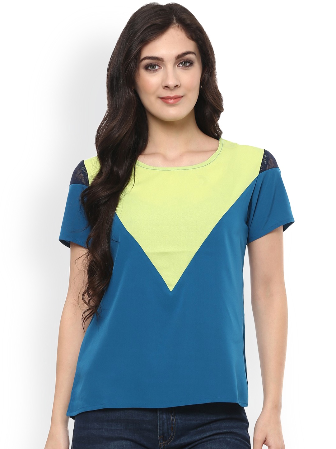 

Pannkh Women Blue & Yellow Colourblocked Regular Top