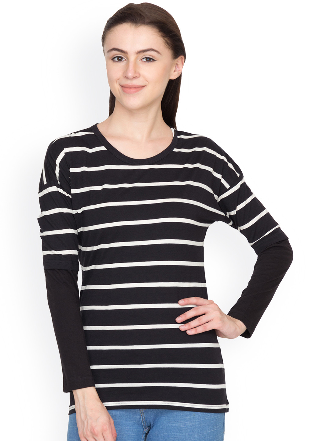 

Hypernation Women Black & White Striped Round Neck T-Shirt