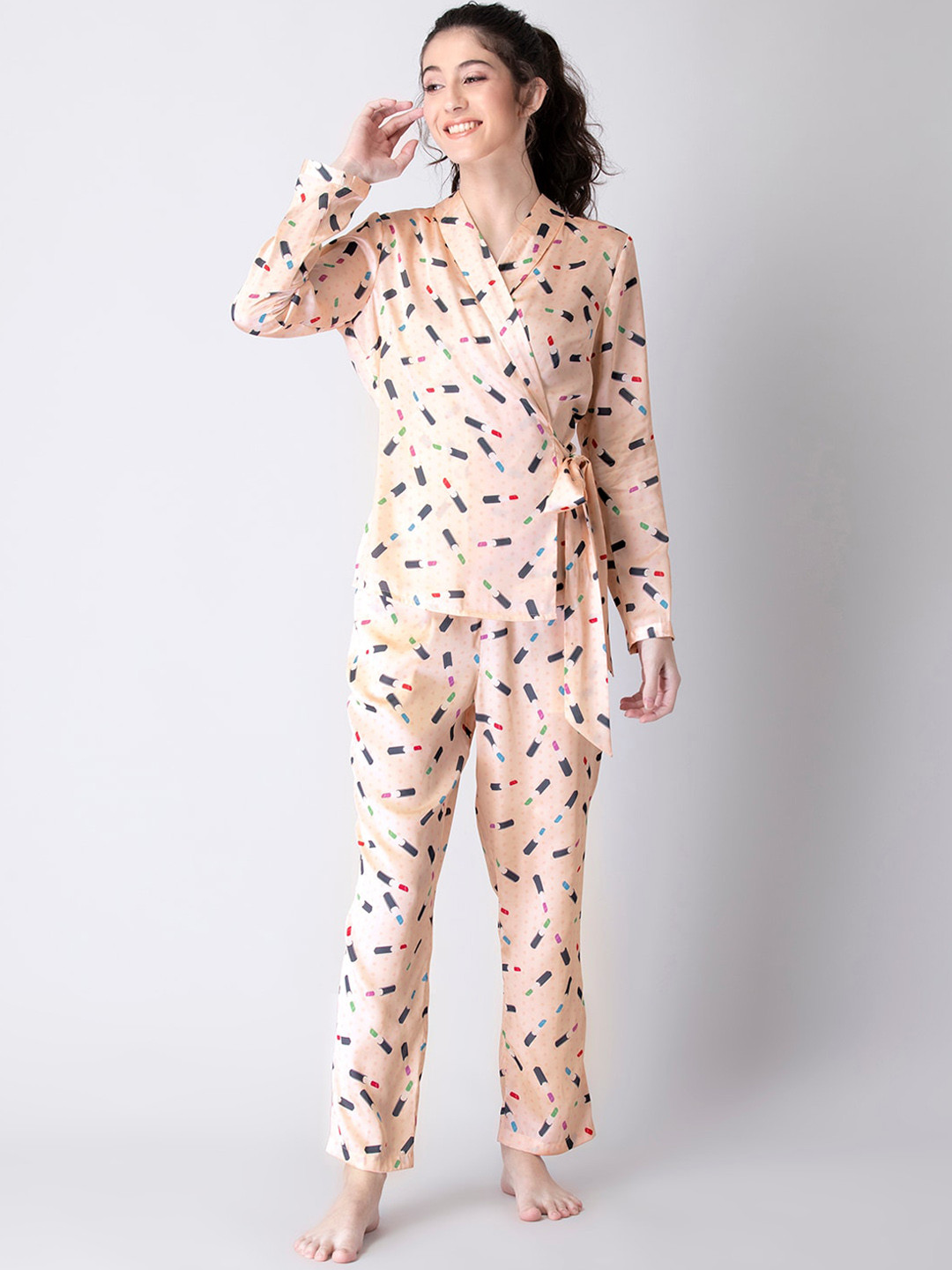 

FabAlley Women Peach Printed Satin Loungewear Set