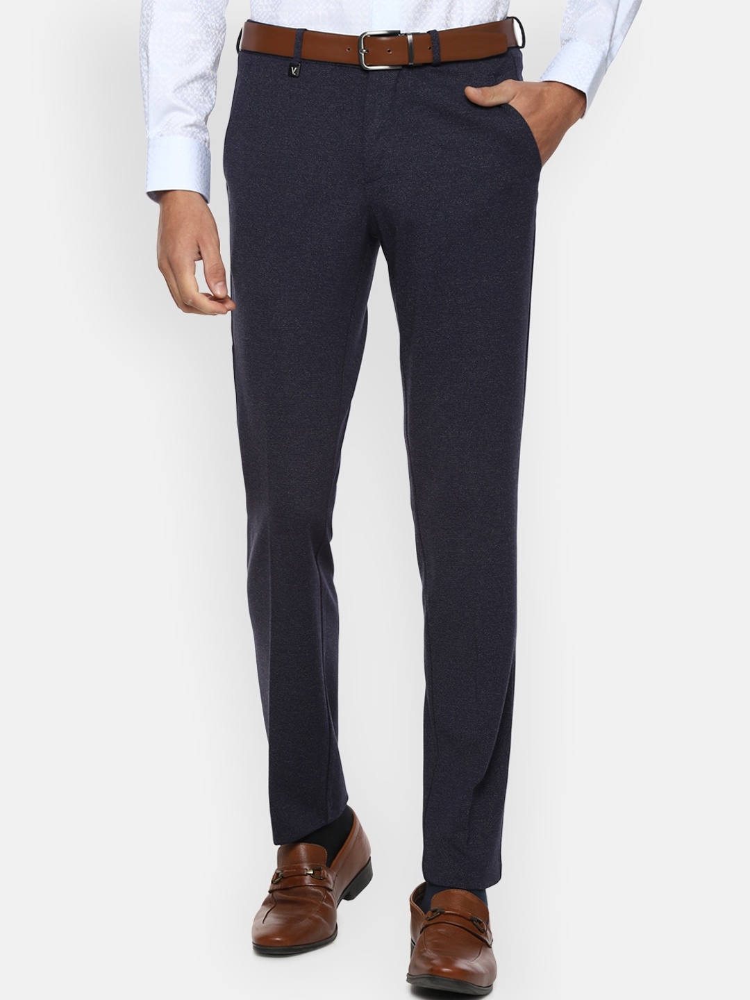 

V Dot Men Navy Blue Textured Skinny Fit Formal Trousers