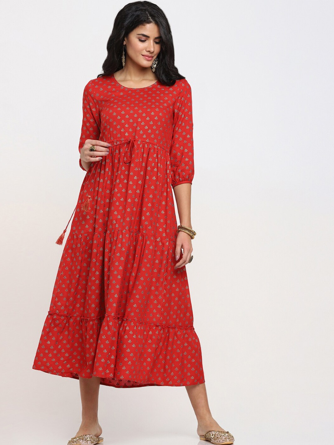 

Bewakoof Red & Navy Blue Ethnic Motifs Empire Midi Dress
