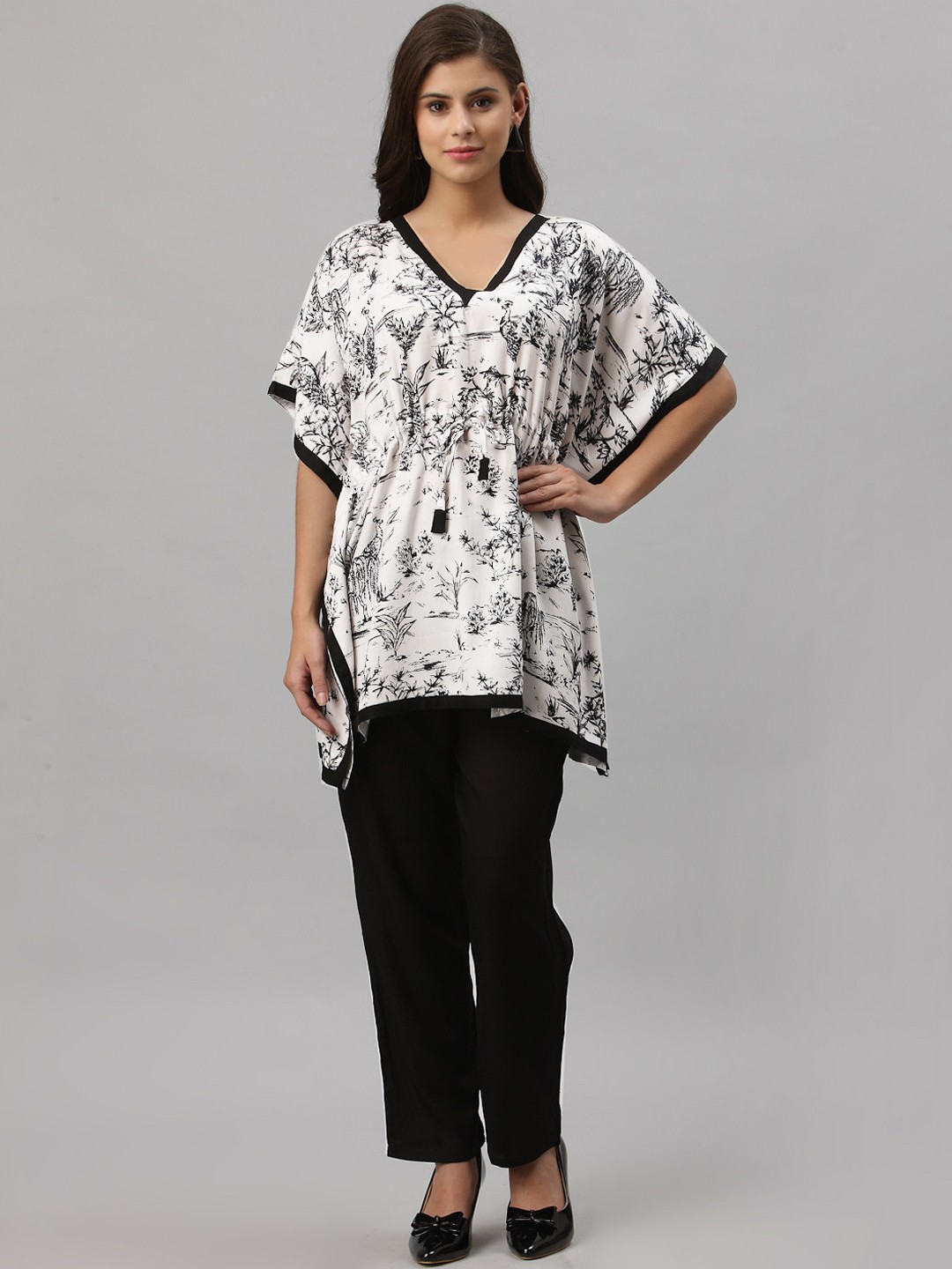 

Get Glamr Women White Floral Printed Kaftan Pure Cotton Kurti with Trousers