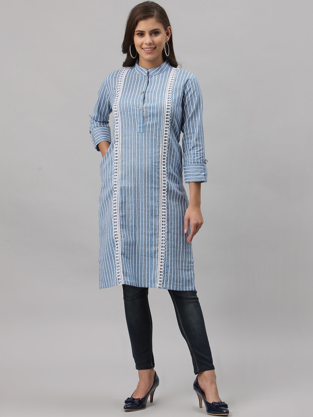 

Get Glamr Women Blue Striped Thread Work Pastels Kurta