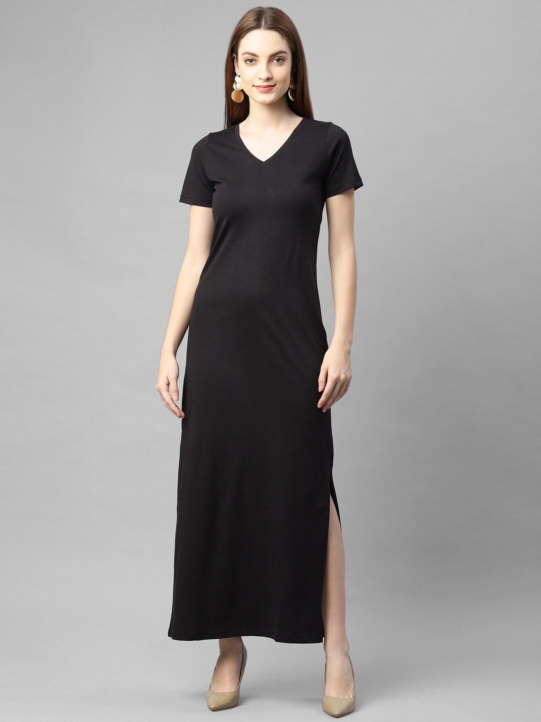

Rigo Black Half Sleeve V- Neck Cotton Maxi Dress