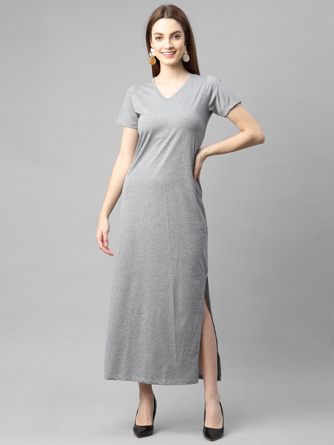 

Rigo Grey Half Sleeve V- Neck Maxi Dress