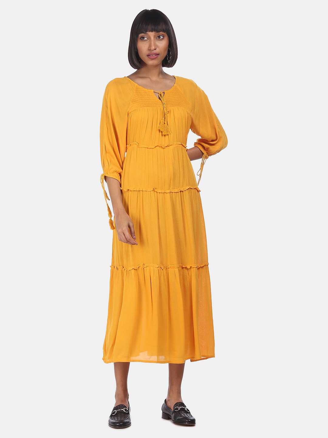

Cherokee Yellow Maxi Round Neck Solid Tiered Dress