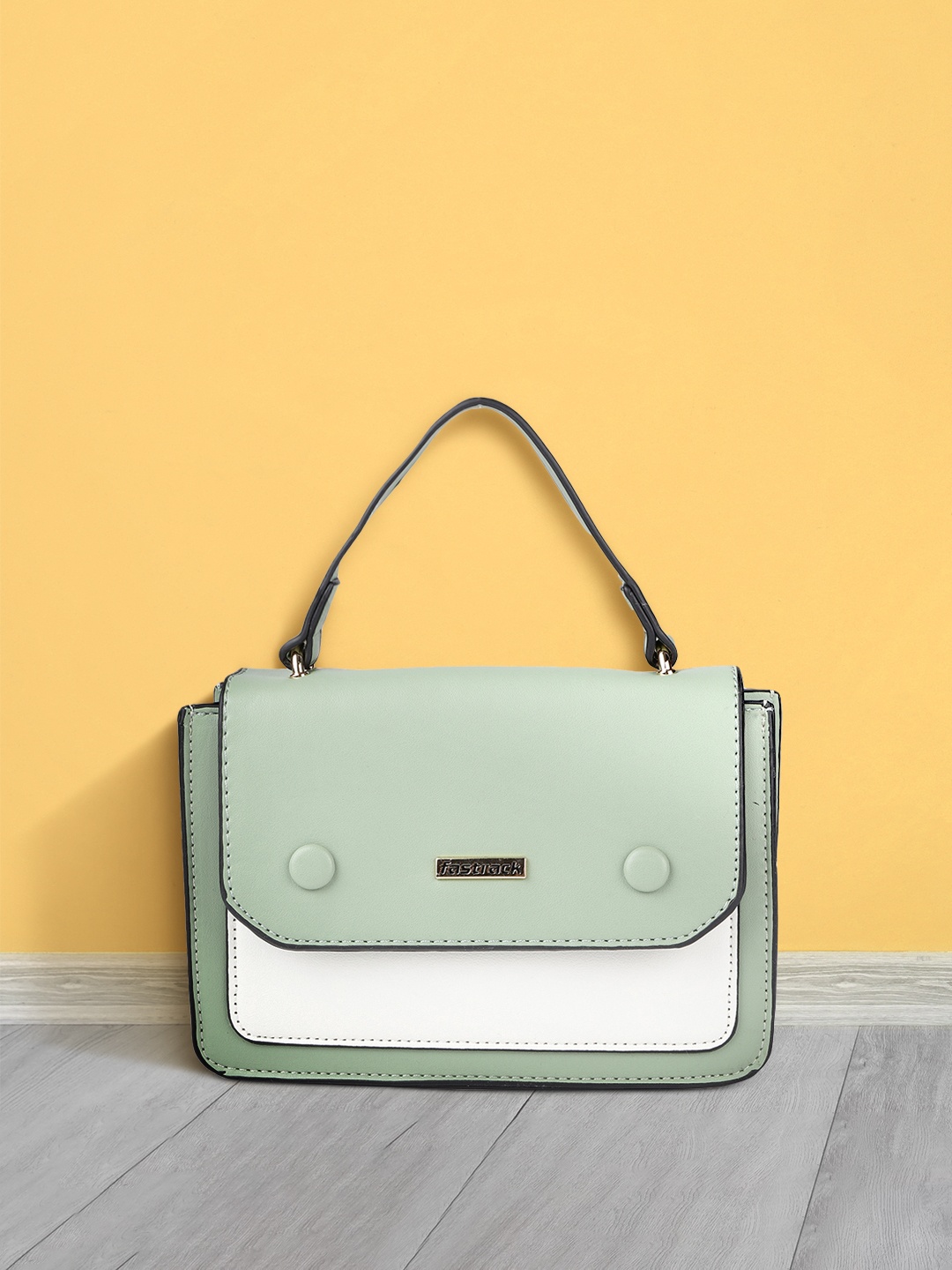 

Fastrack Green & White Colourblocked Structured Satchel