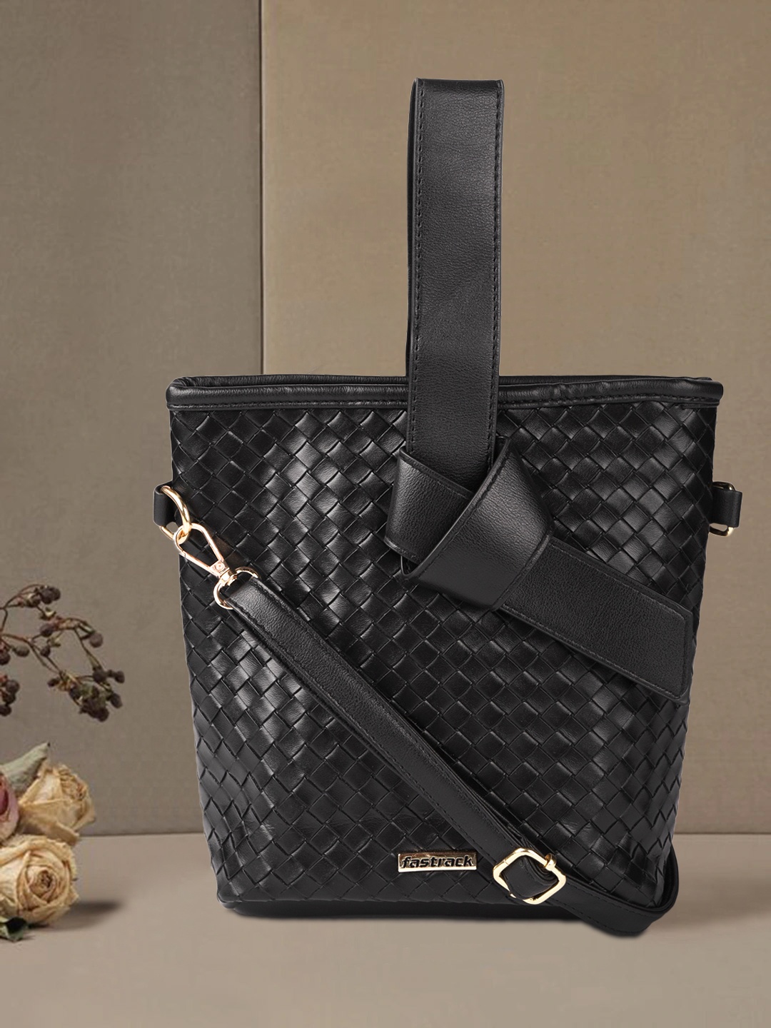 

Fastrack Black Geometric Textured Bucket Handheld Bag