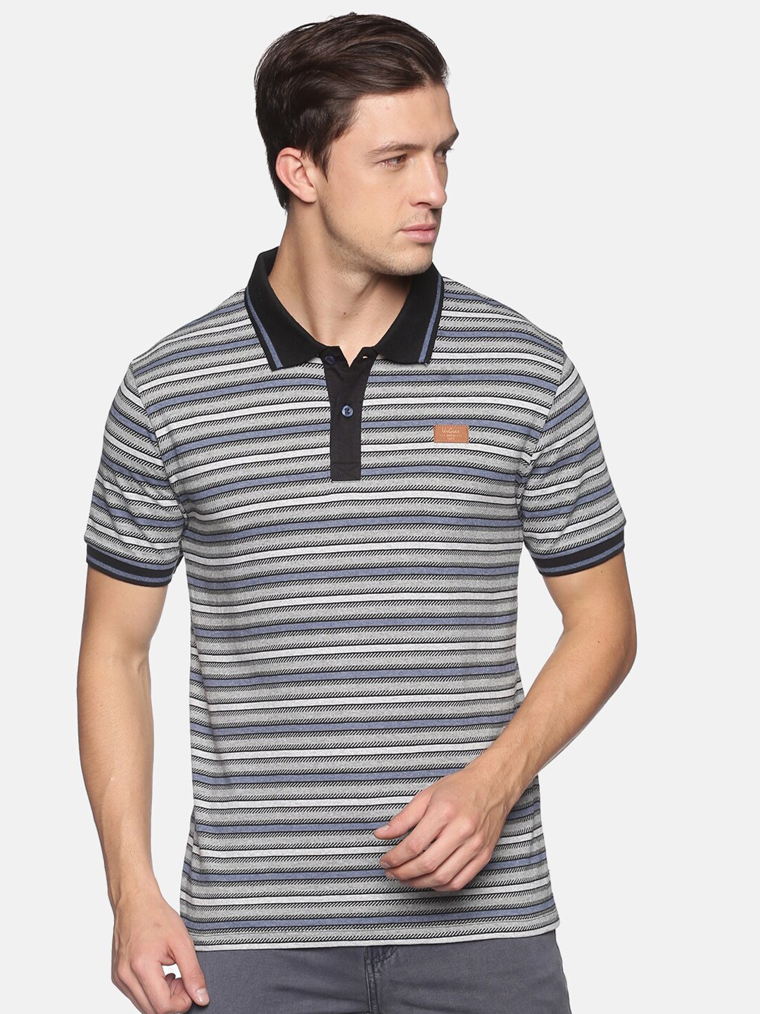 

UrGear Men Grey & Blue Striped Polo Collar T-shirt