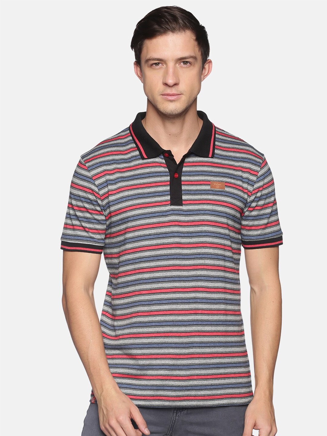 

UrGear Men Grey & Red Striped Polo Collar T-shirt