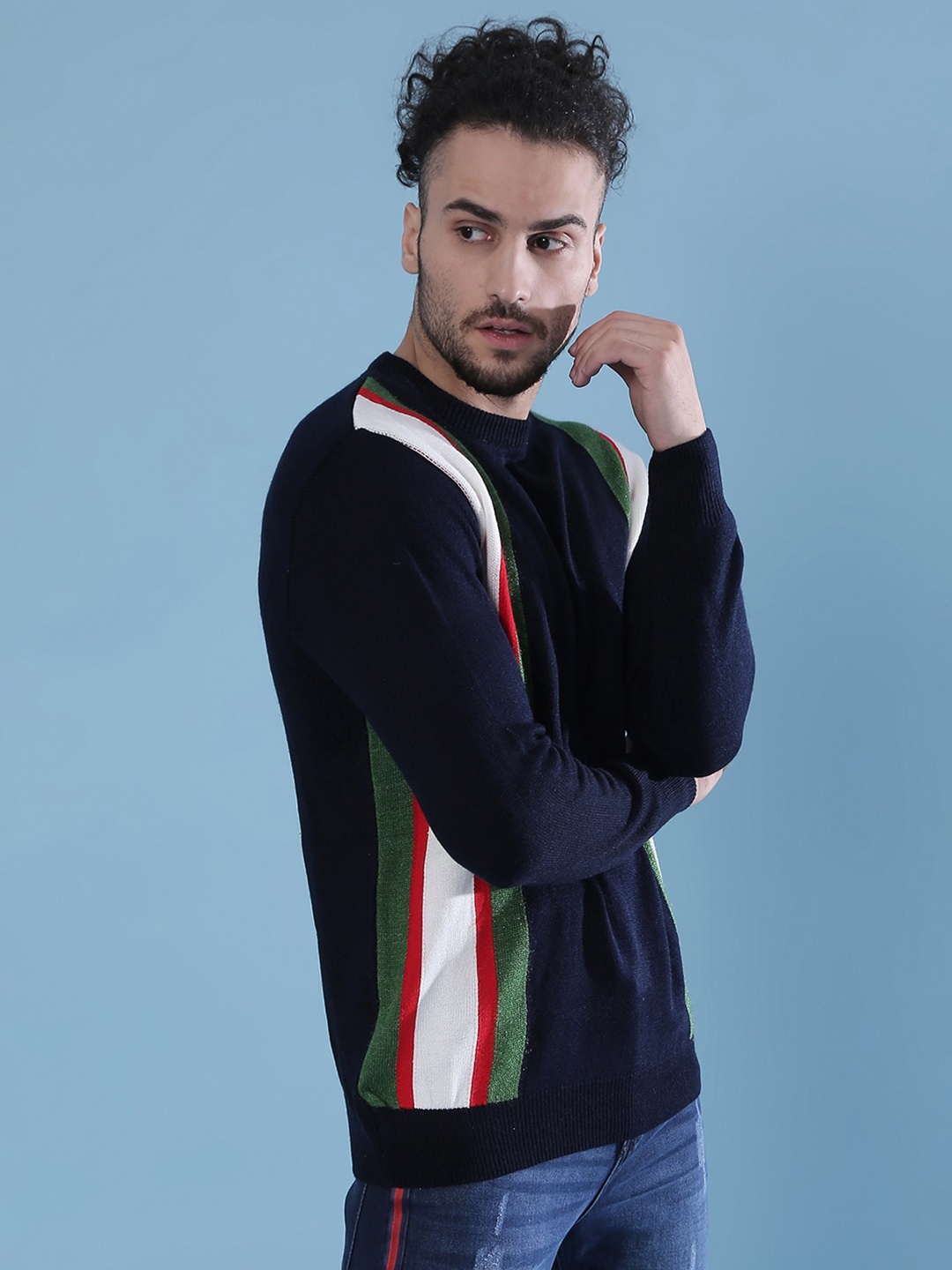 

Campus Sutra Men Navy Blue & White Colourblocked Pullover