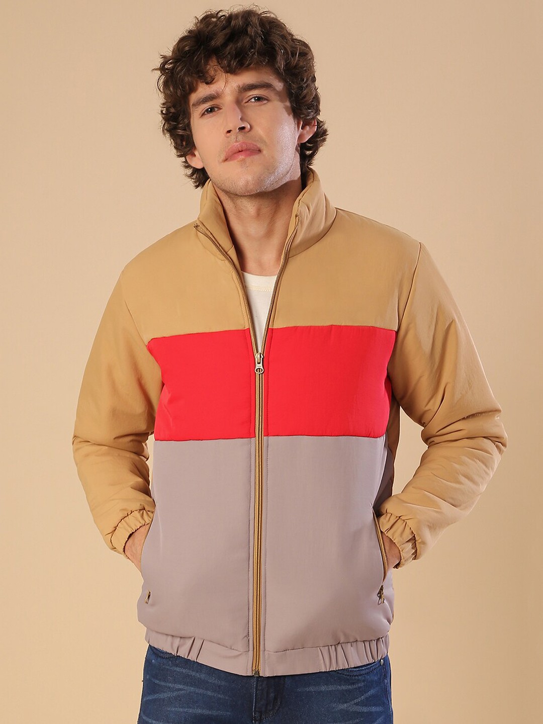 

Campus Sutra Men Beige Grey Colourblocked Lightweight Crop Bomber Jacket