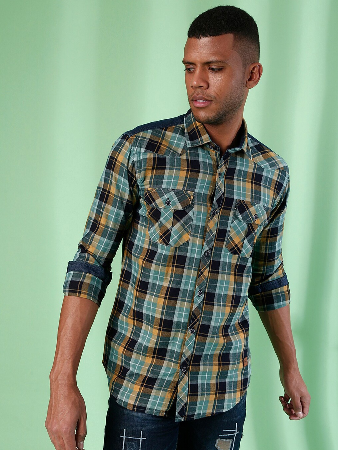 

Campus Sutra Men Blue Tartan Checks Opaque Checked Casual Shirt