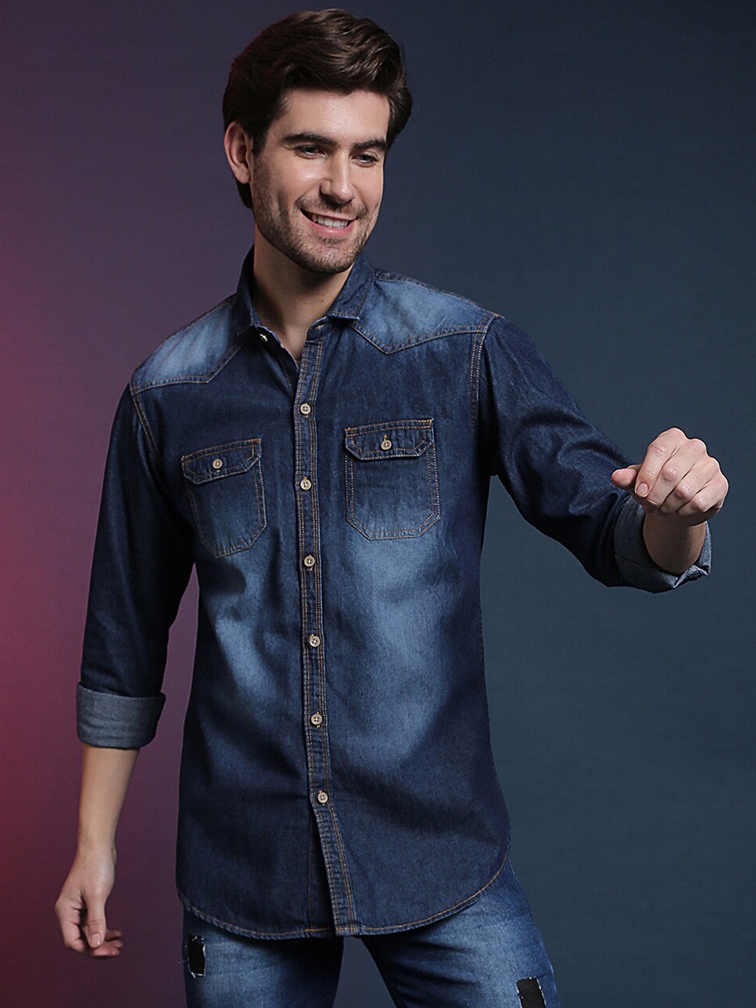 

Campus Sutra Men Blue Faded Opaque Faded Casual Shirt
