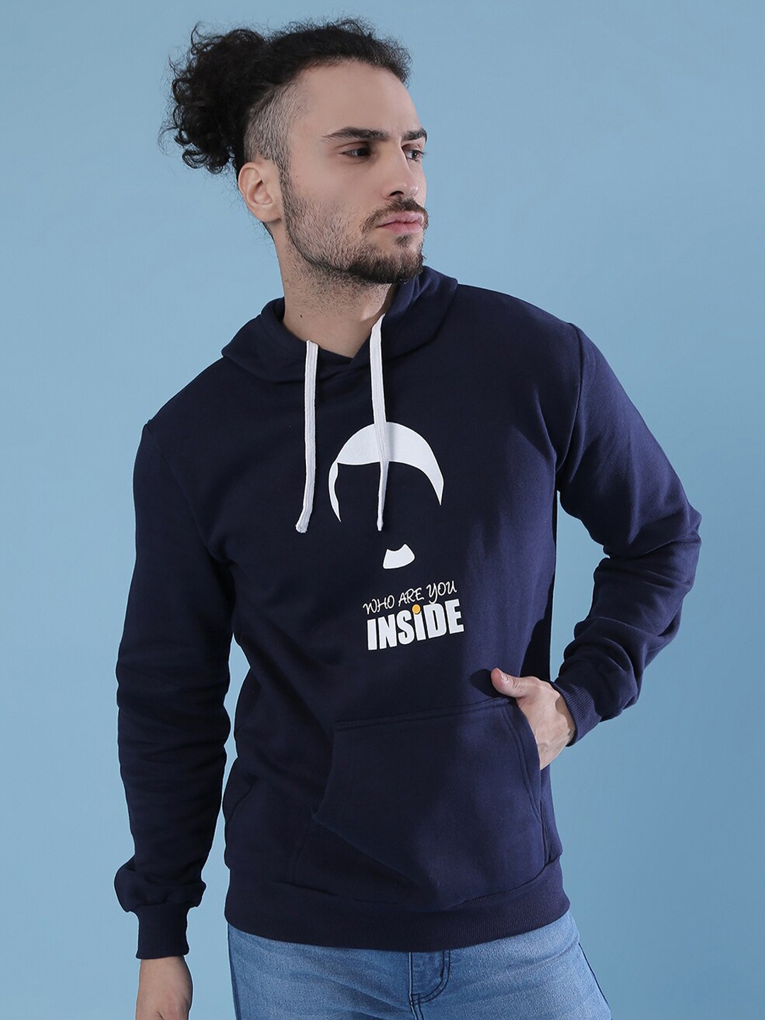 

Campus Sutra Men Navy Blue Printed Hooded Sweatshirt
