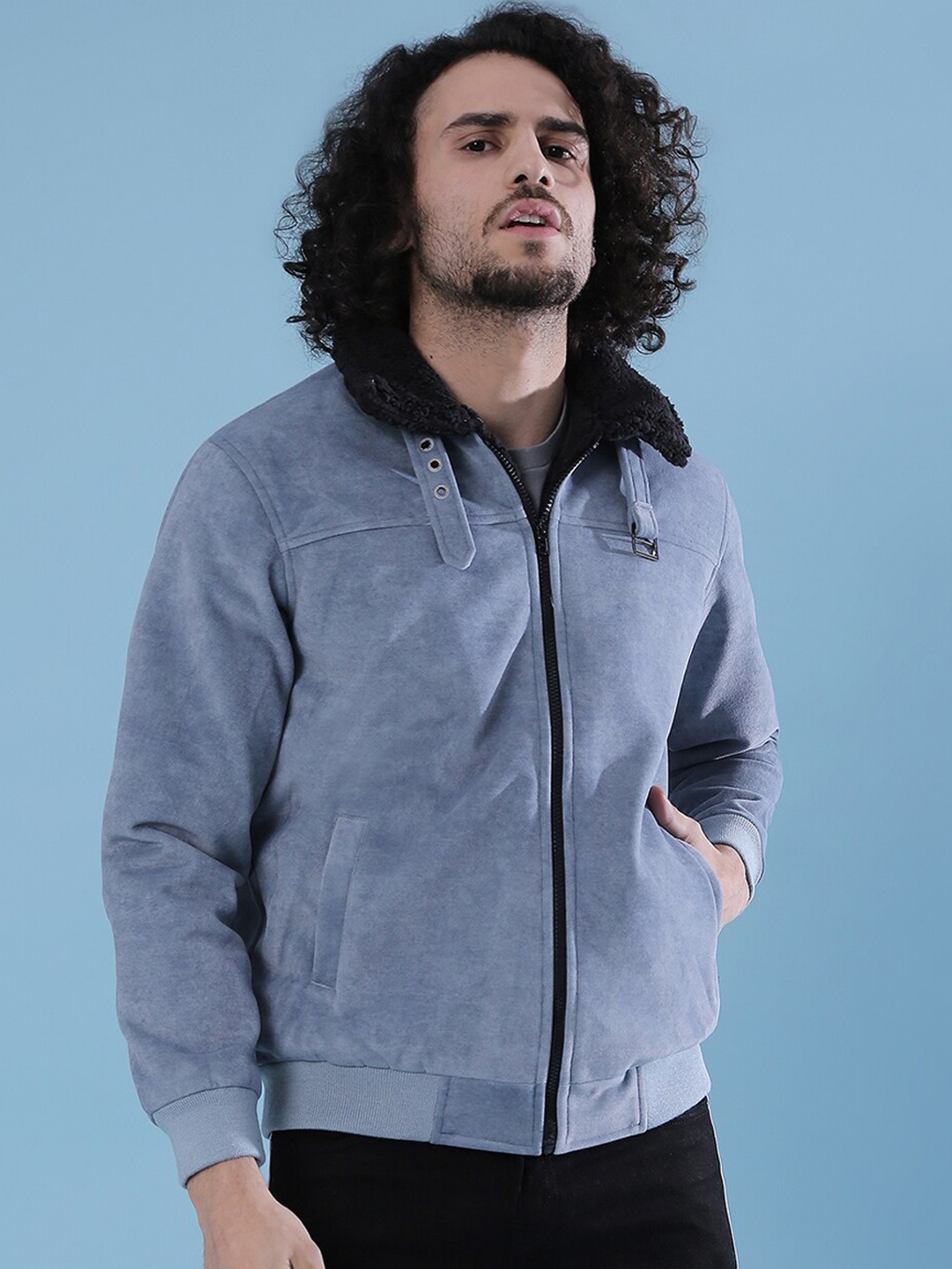 

Campus Sutra Men Grey Suede Lightweight Crop Biker Jacket