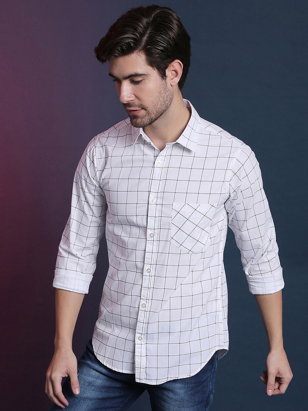

Campus Sutra Men White Windowpane Checks Opaque Checked Casual Shirt