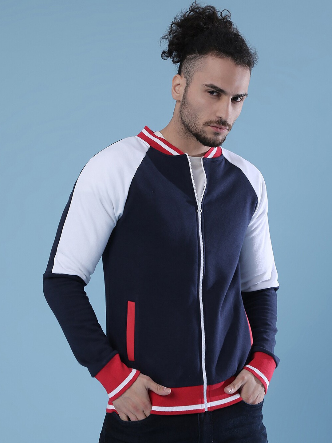 

Campus Sutra Men Navy Blue Colourblocked Lightweight Sporty Jacket