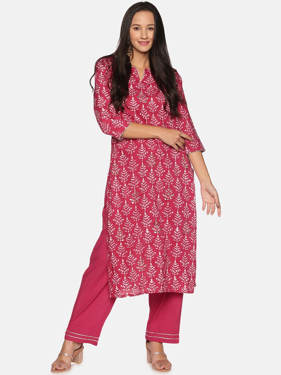 

Palakh Women Magenta Ethnic Motifs Printed Gotta Patti Pure Cotton Kurta with Trousers