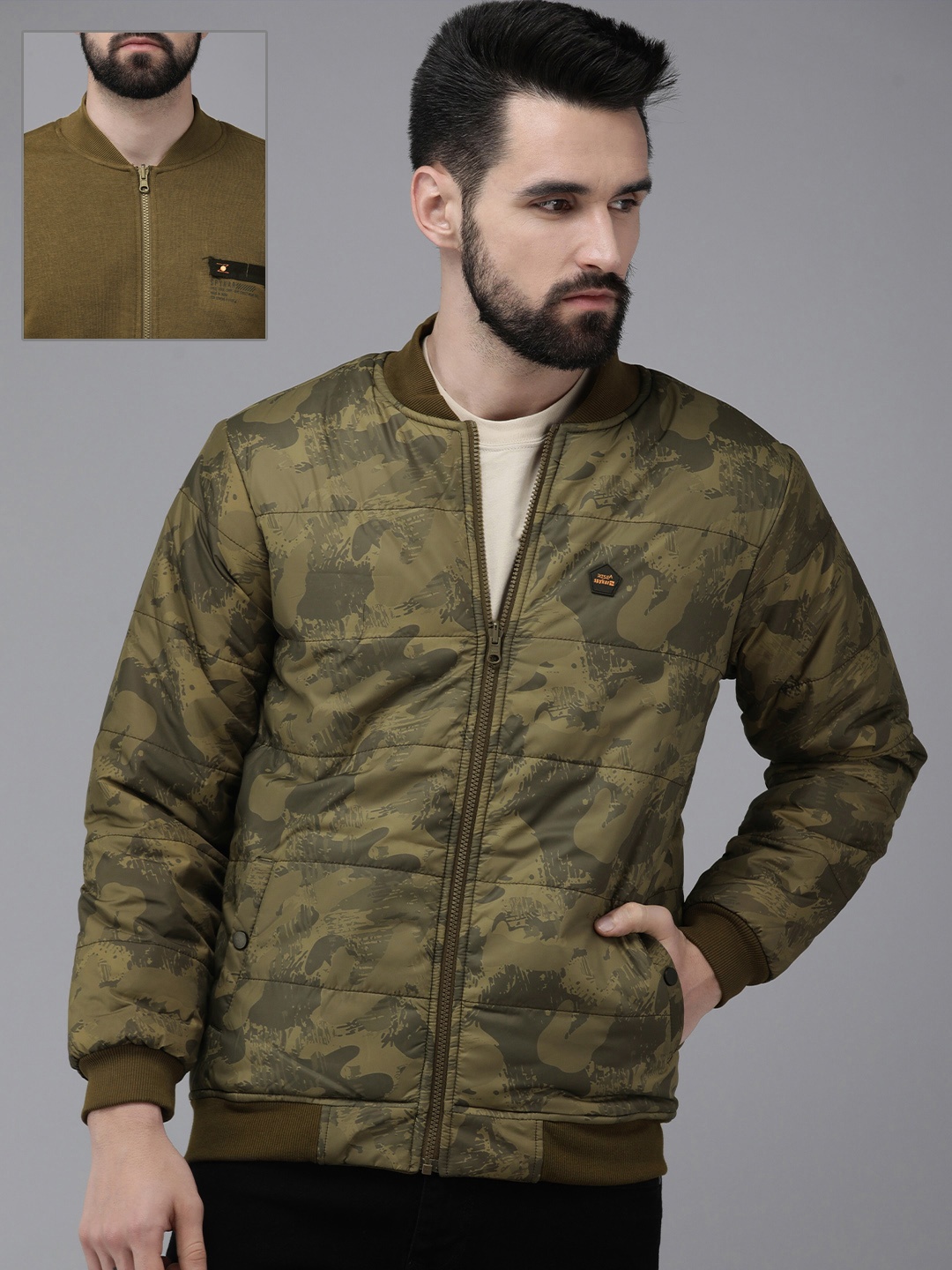 

SPYKAR Men Olive Green Camouflage Reversible Padded Jacket