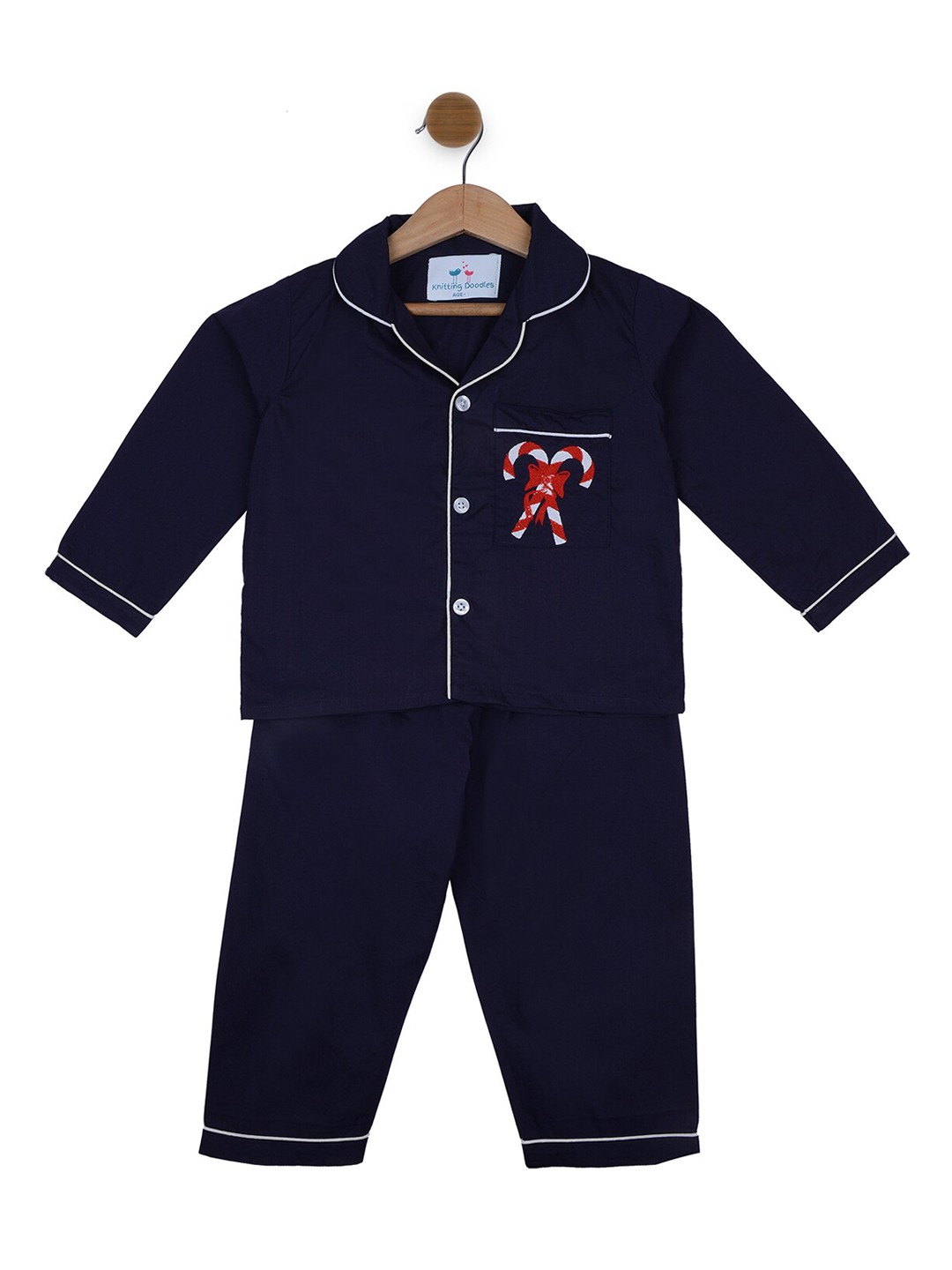 

Knitting Doodles Unisex Kids Navy Blue Solid Night Suit