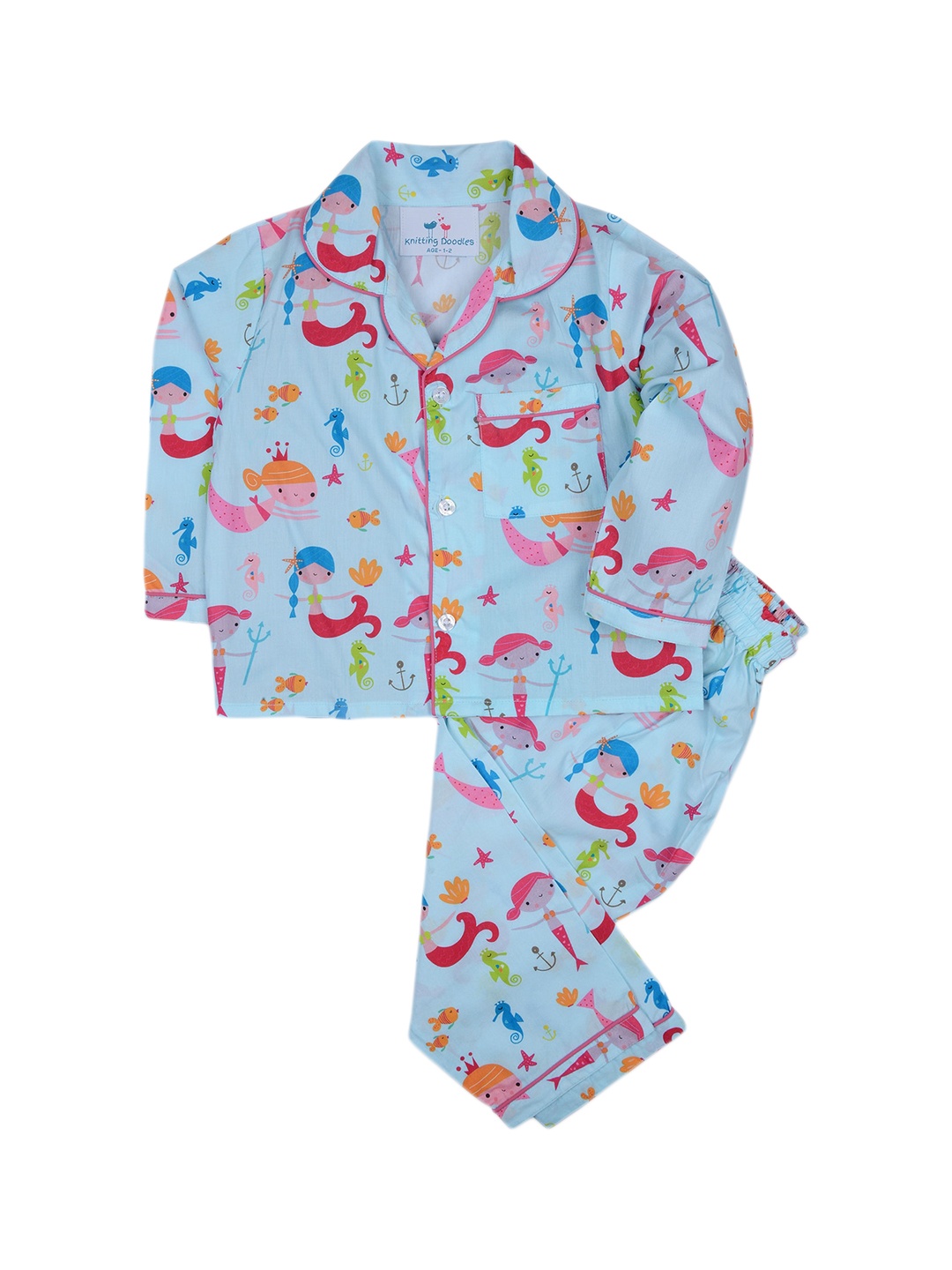 

Knitting Doodles Kids Blue & Pink Printed Cotton Night suit