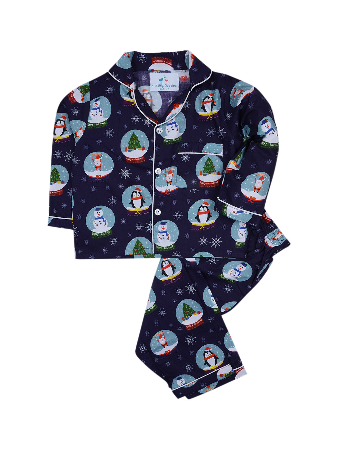

Knitting Doodles Kids Blue & White Printed Pure Cotton Night suit