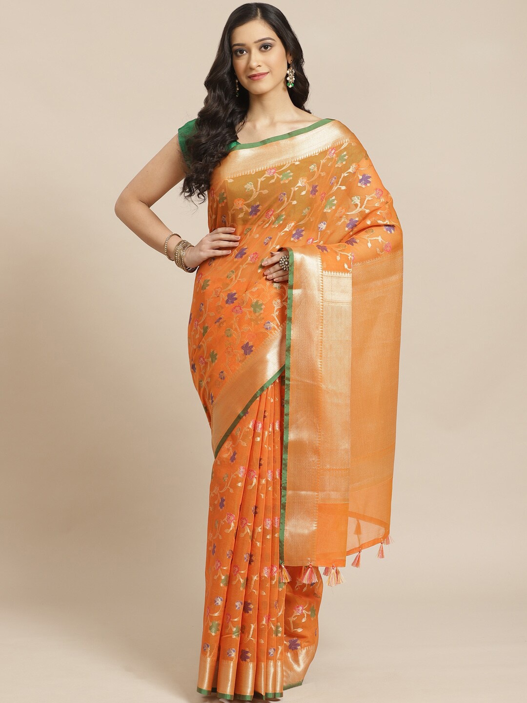 

Indethnic Orange & Green Floral Zari Banarasi Saree