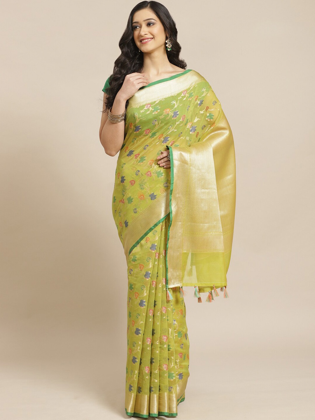 

Indethnic Green & Red Woven Design Zari Banarasi Saree