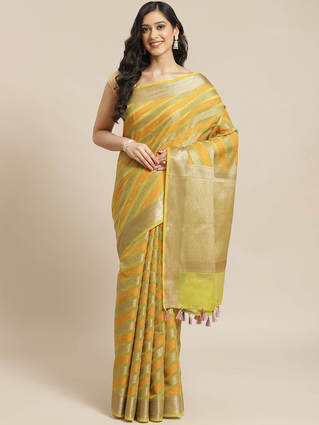 

Saranee Green & Orange Striped Zari Banarasi Saree