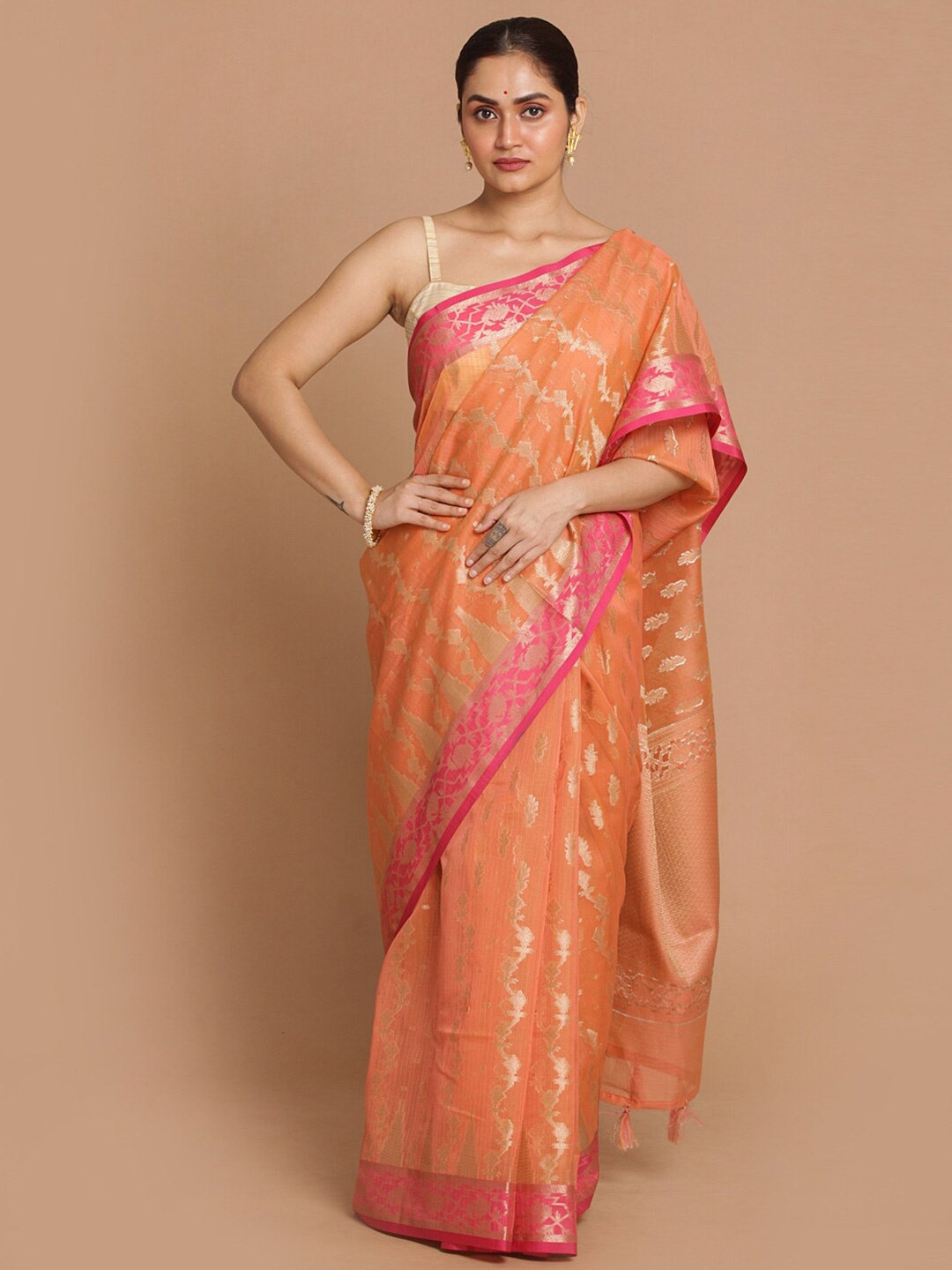 

Indethnic Orange & Pink Ethnic Motifs Zari Banarasi Saree