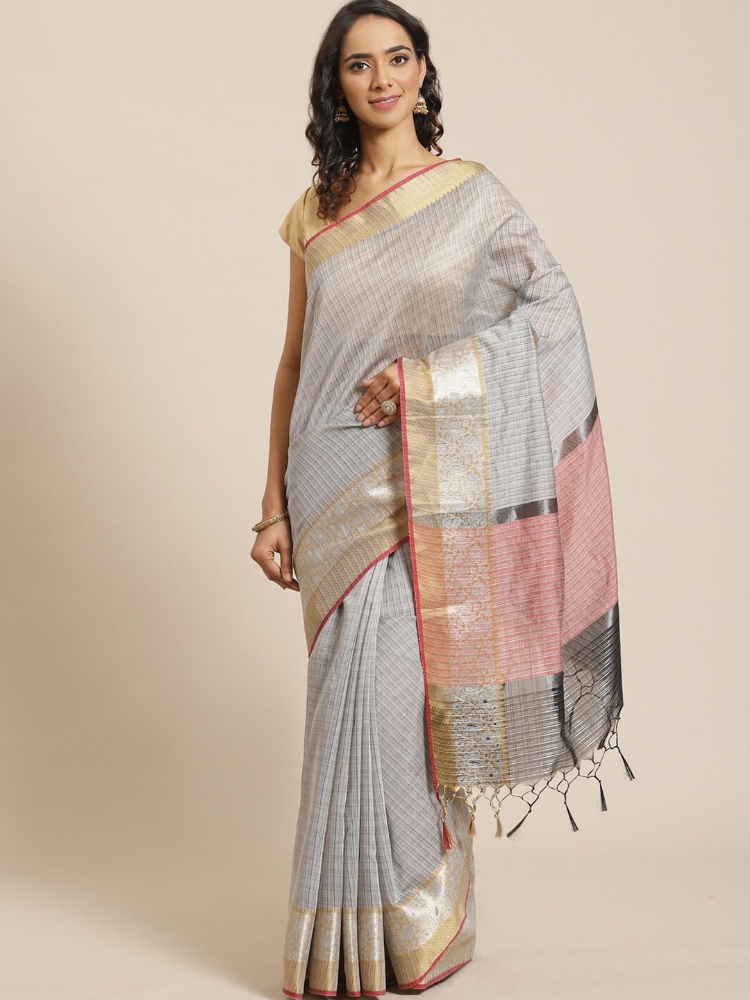 

Saranee Grey & Pink Striped Zari Banarasi Saree