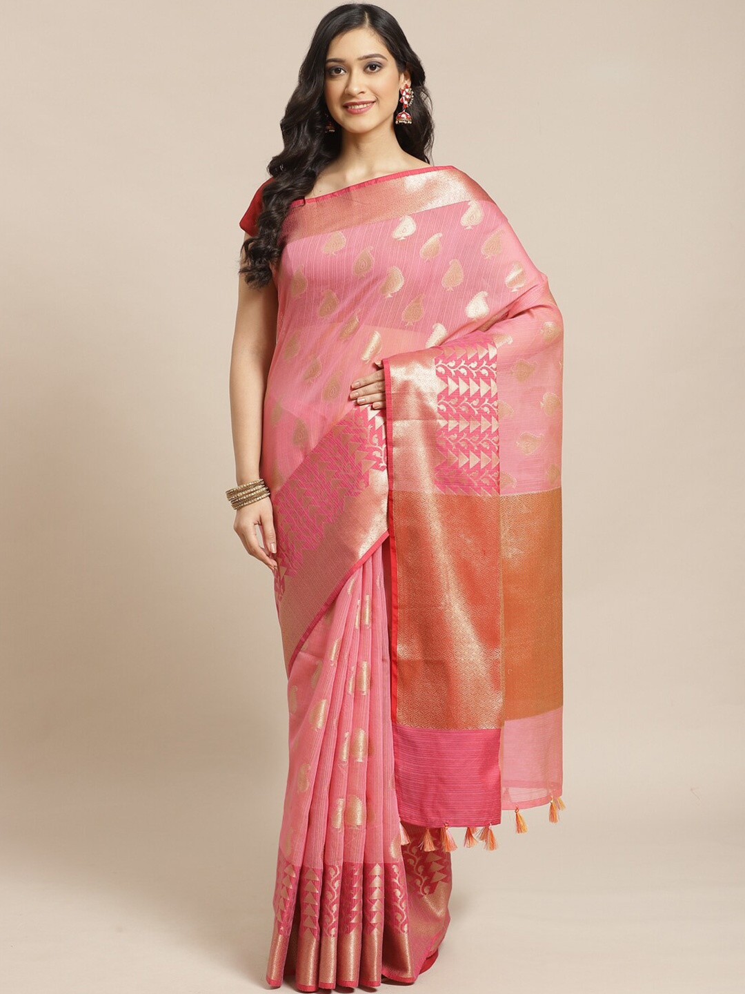 

Indethnic Women Fuchsia Woven Banarasi Saree