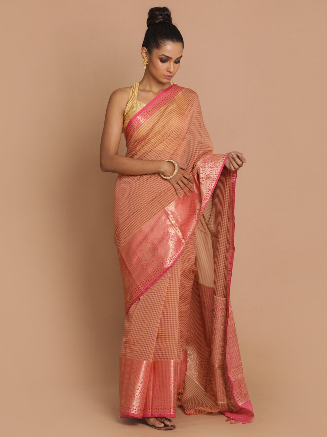 

Indethnic Peach-Coloured & Gold-Toned Checked Zari Banarasi Saree