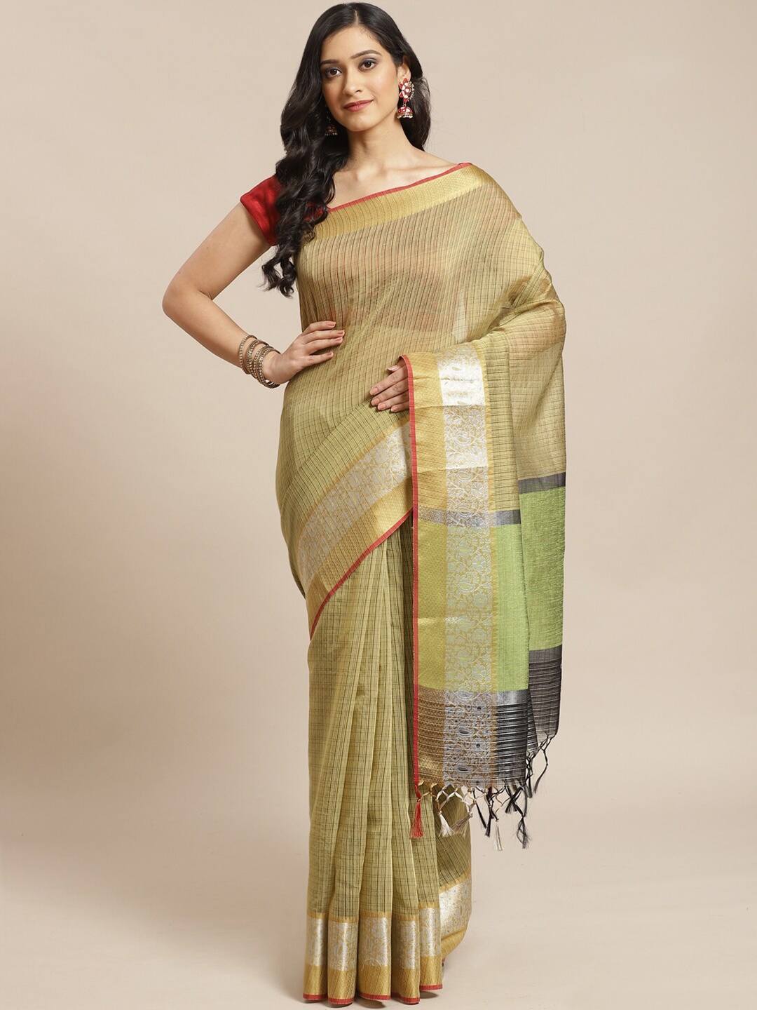 

Saranee Olive Green & Gold-Toned Striped Zari Banarasi Saree