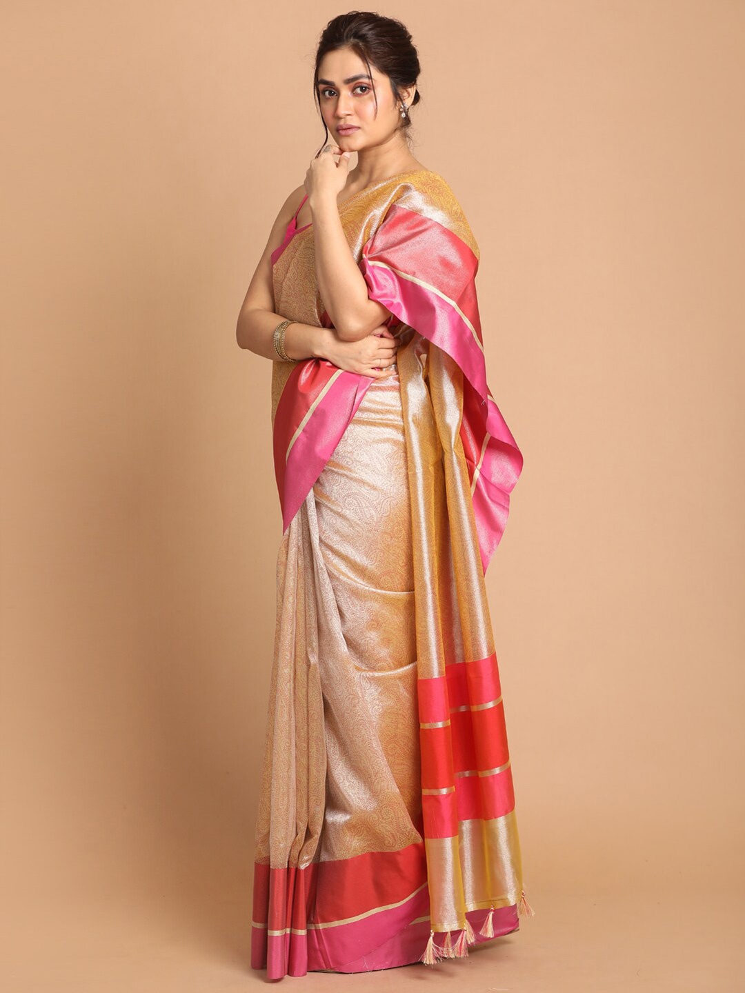 

Indethnic Gold & Pink Paisley Zari Banarasi Saree