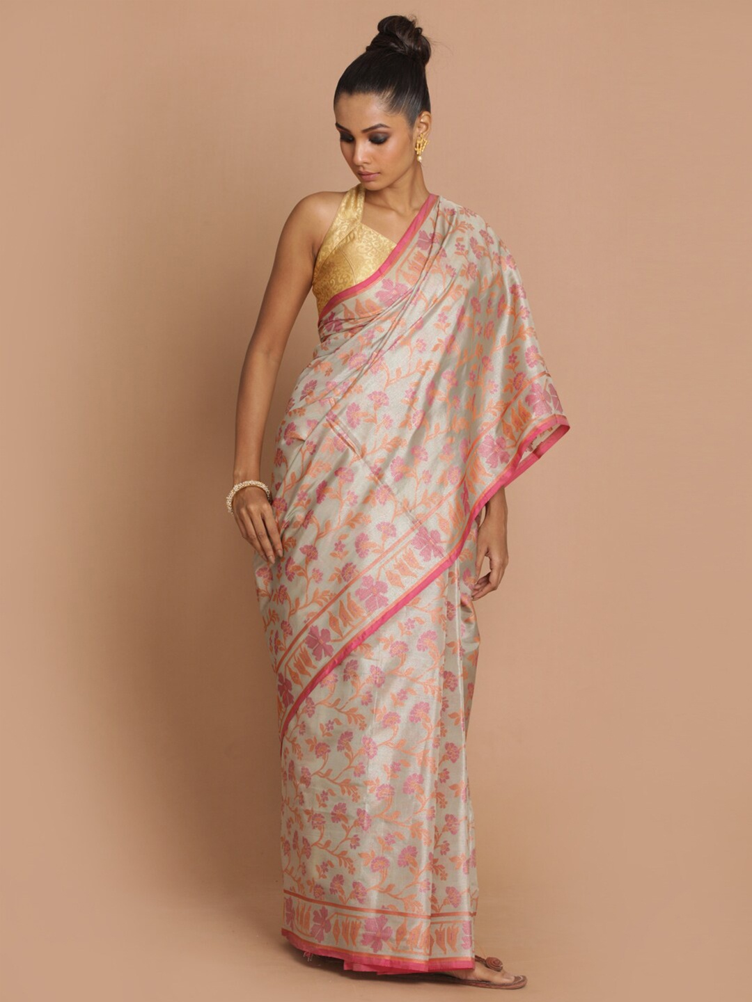 

Indethnic Beige & Pink Floral Zari Banarasi Saree