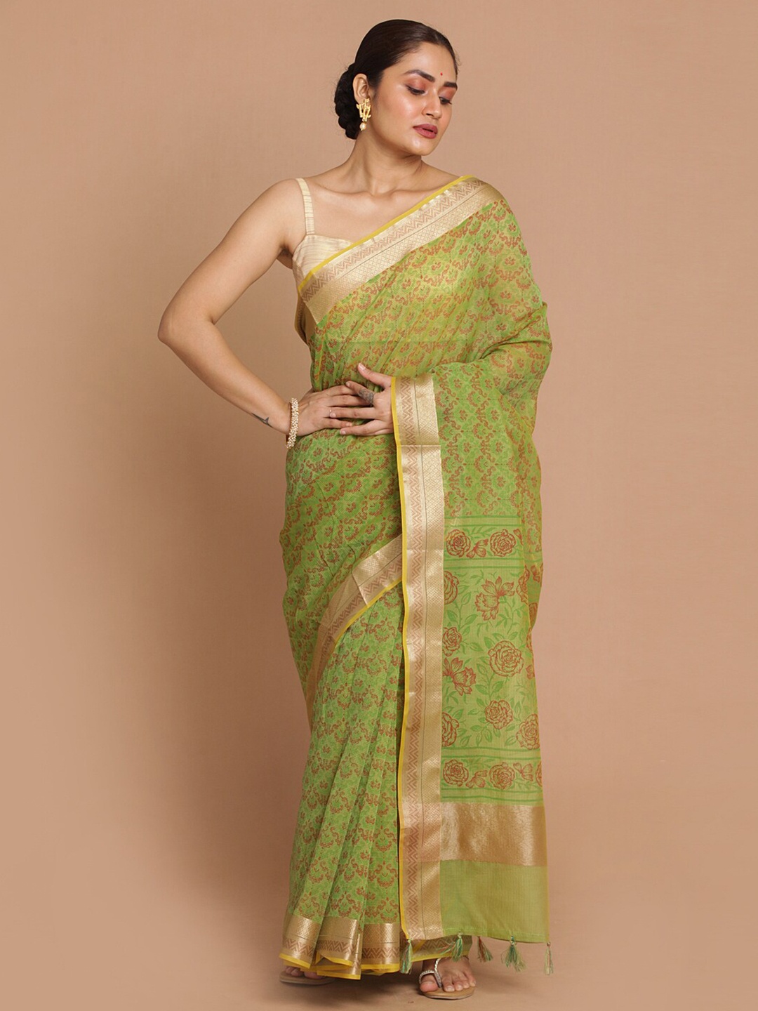 

Indethnic Green & Red Floral Zari Banarasi Saree