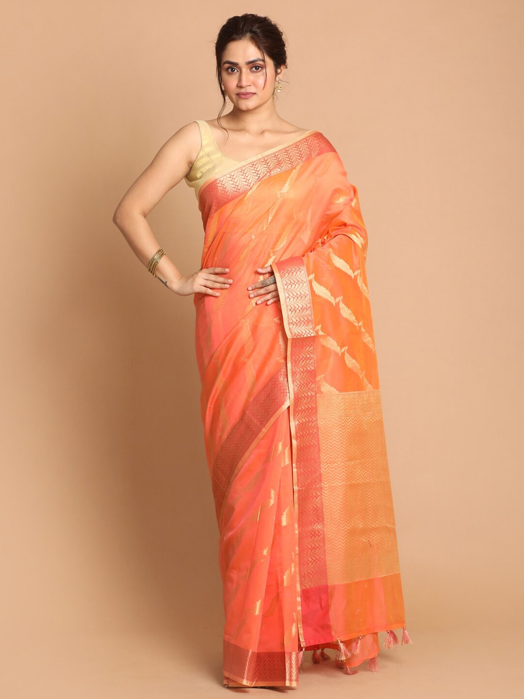 

Saranee Orange & Gold-Toned Floral Banarasi Saree