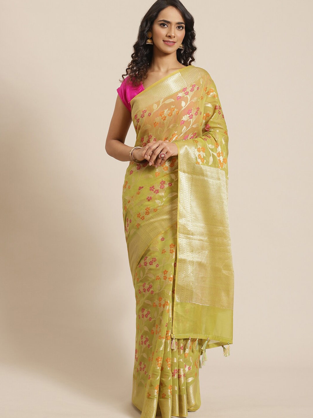 

Saranee Lime Green & Fuchsia Woven Design Zari Banarasi Saree