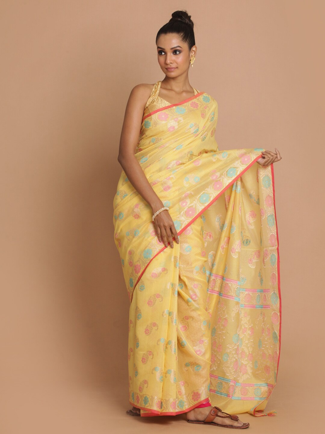 

Saranee Yellow & Blue Paisley Zari Banarasi Saree