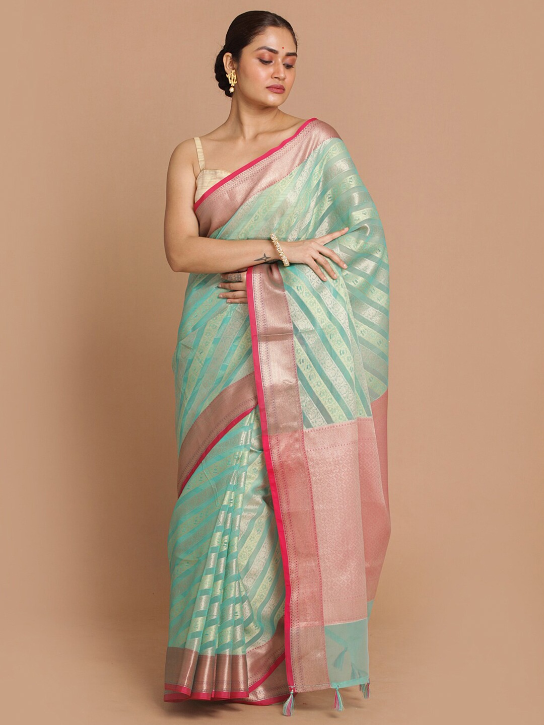 

Indethnic Sea Green & Maroon Striped Zari Banarasi Saree