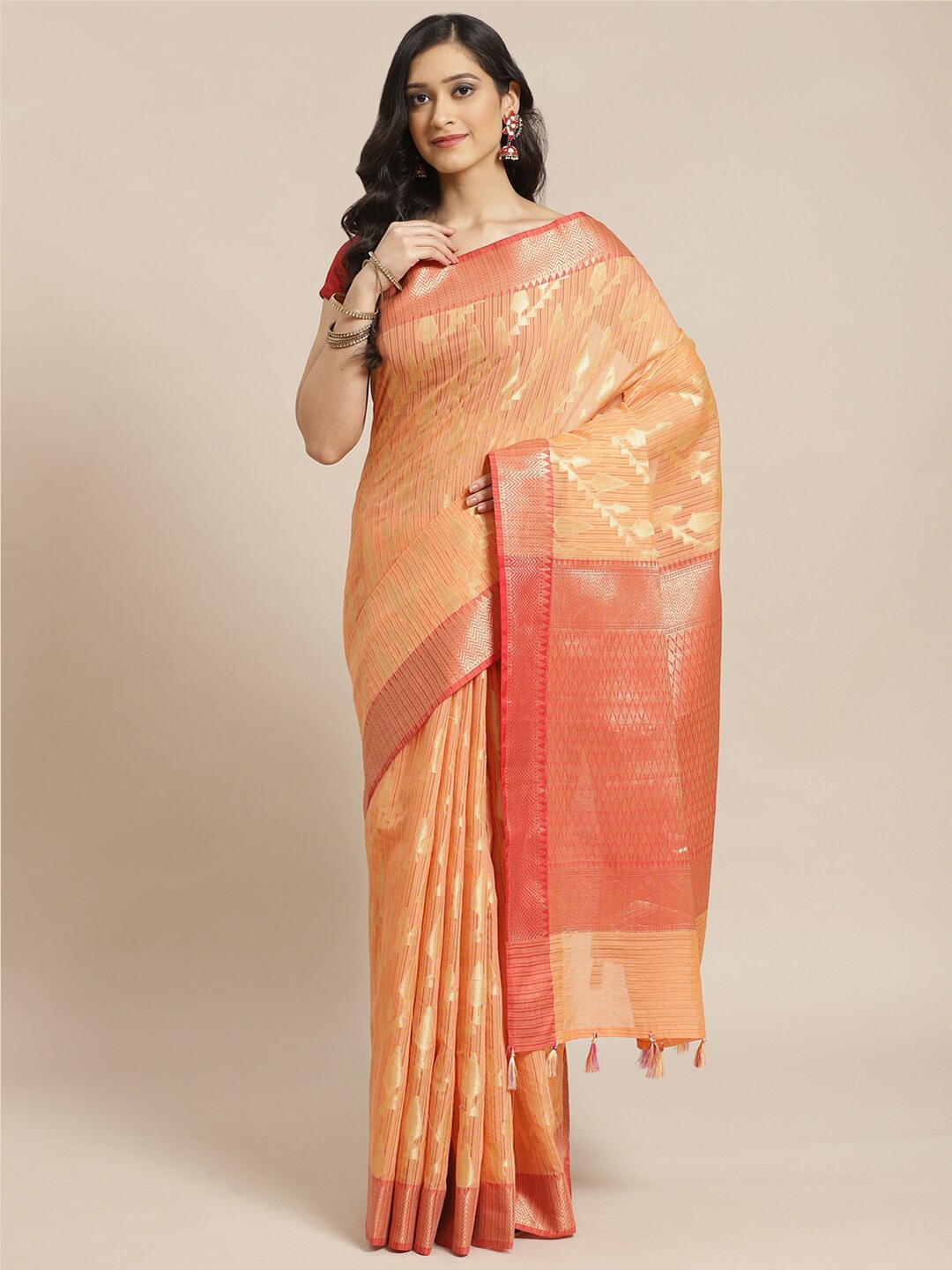 

Indethnic Peach-Coloured & Red Ethnic Motifs Zari Banarasi Saree