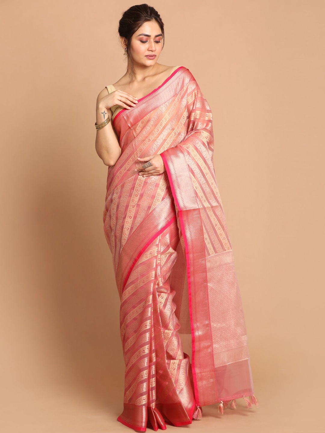 

Indethnic Women Fuchsia Woven Design Banarasi Saree