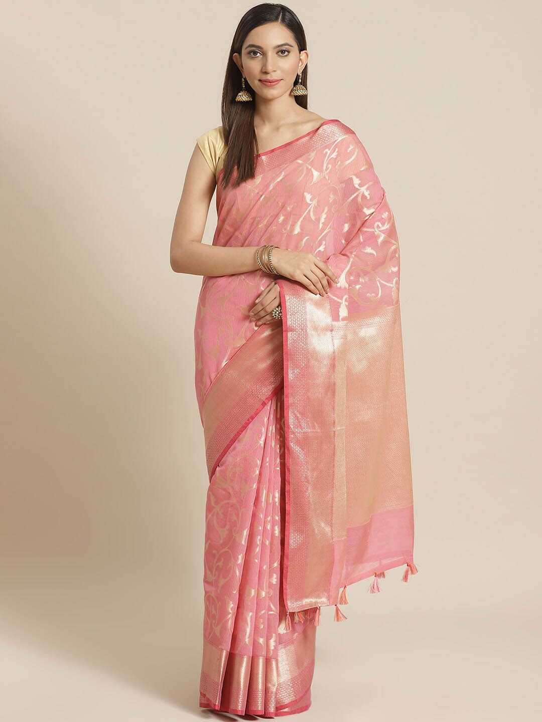 

Indethnic Women Fuchsia Woven Design Banarasi Saree